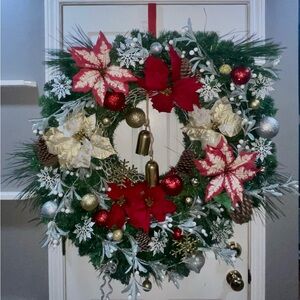 Festive Holiday Wreath with Red and Gold Accents